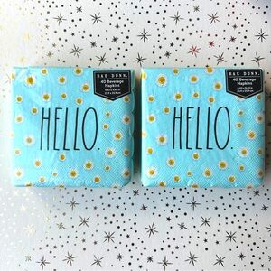 Rae Dunn set of 2x Cocktail Napkins - blue “hello” with flowers, scalloped edges